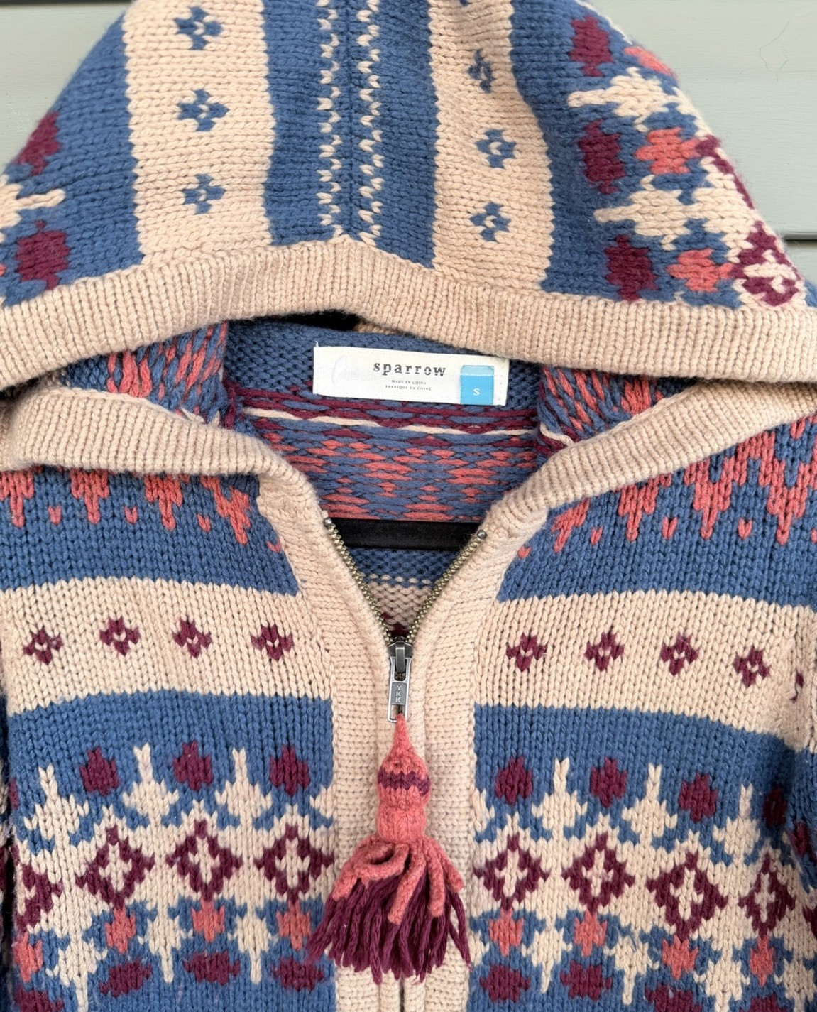 Anthropologie Sparrow Wool Blend Hooded Sweater Small Boho Fair Isle Zip Tassel