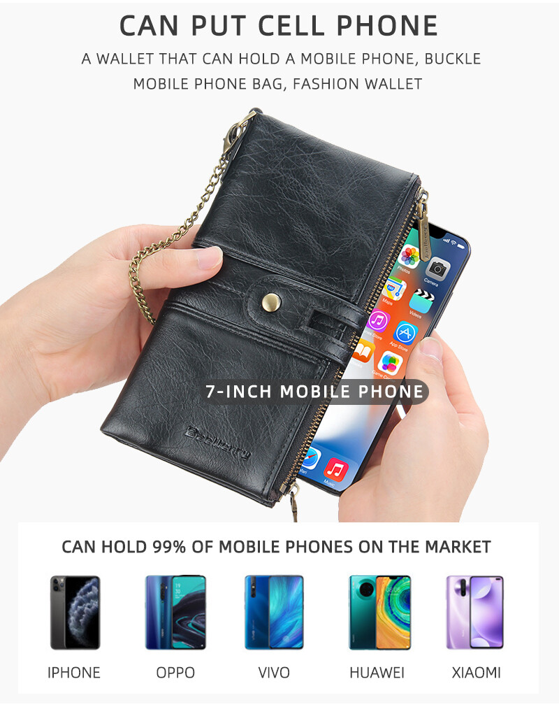 Men’s Long Wallet with Chain Leather RFID Blocking Biker Trucker Bifold Zipper