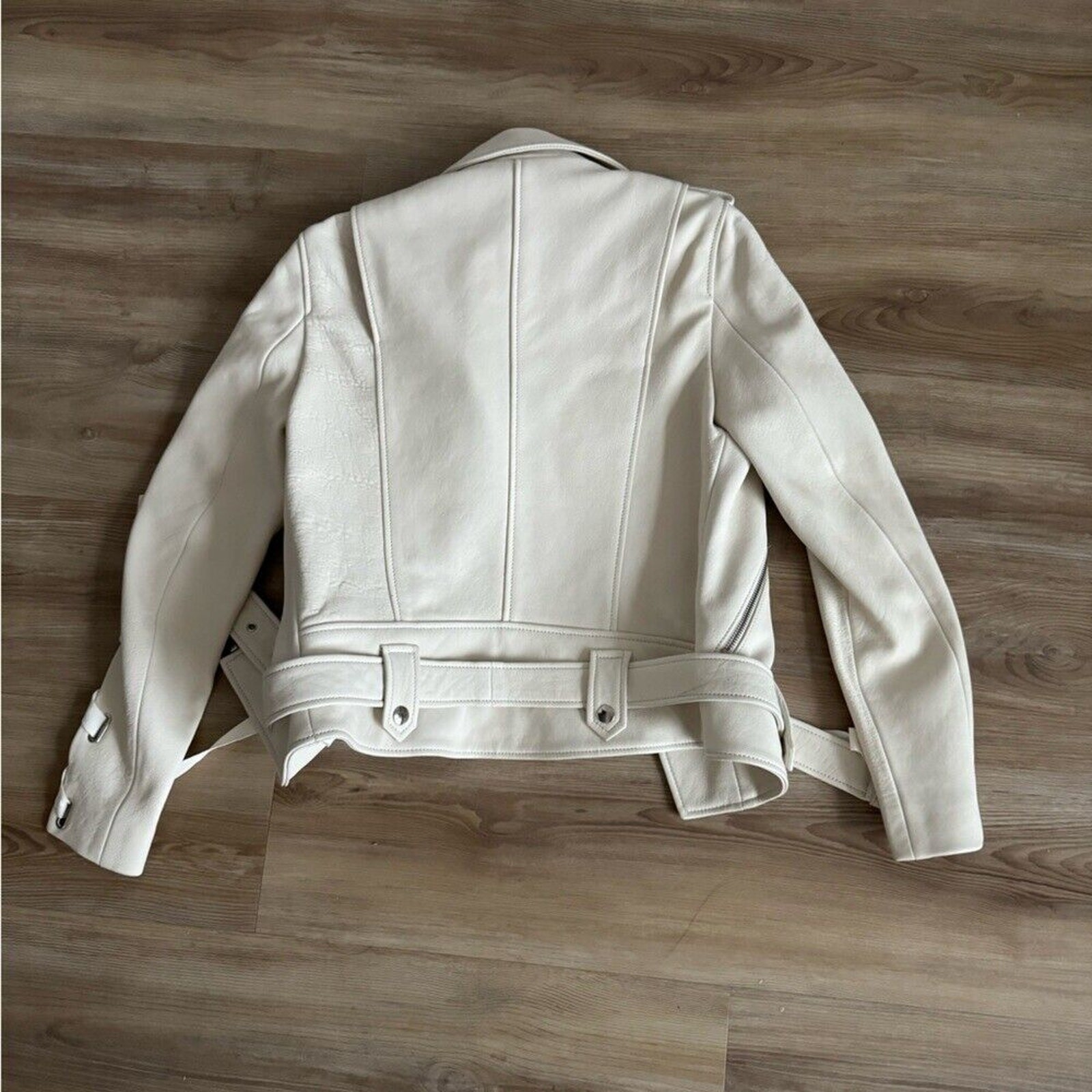 Celebrity Worn $1885 Each x Other white genuine leather moto jacket ribbon small