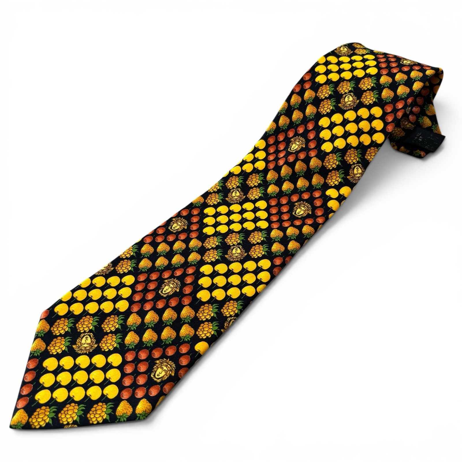 Vintage Gianni Versace Silk Tie Gold Medusa Fruit Strawberry Pineapple Black 90s