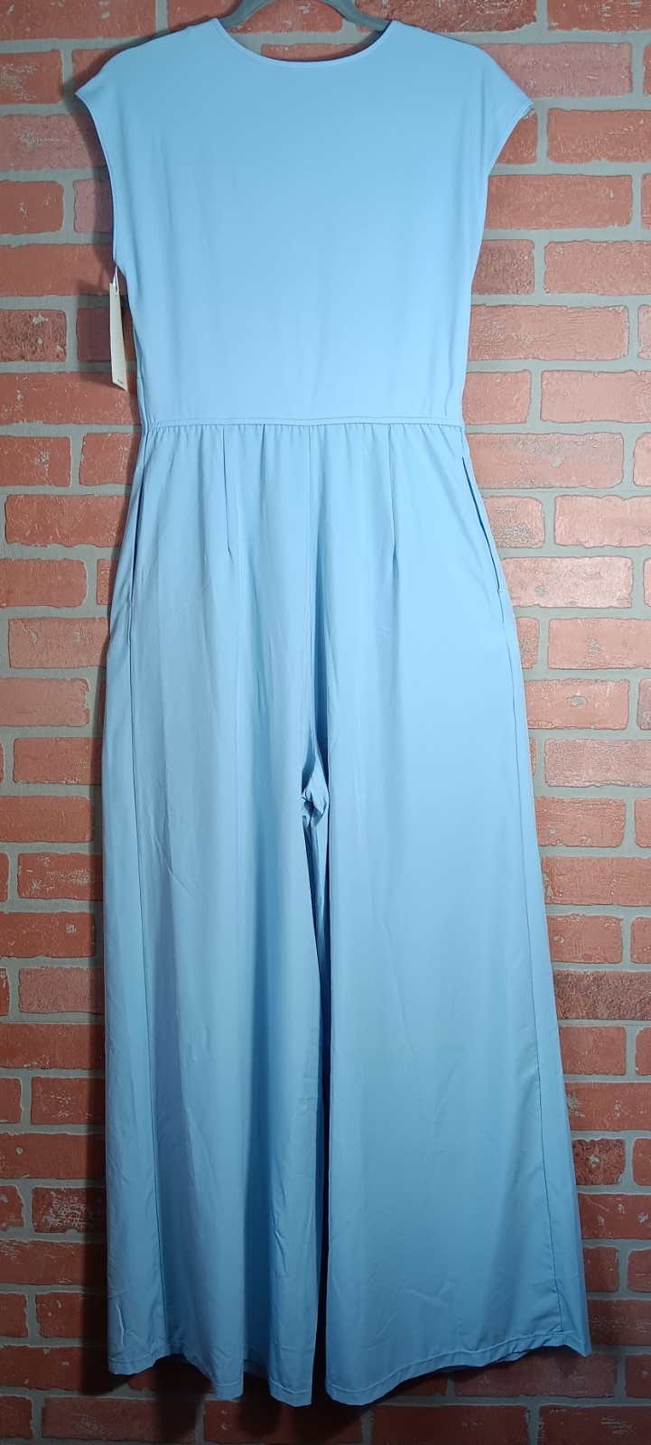 NWT Halara Blue Breezeful V-Neck Zipper Pleated Wide Leg Casual Jumpsuit Size M