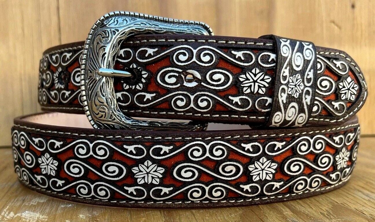 BROWN WESTERN BELT HAND TOOLED GENUINE LEATHER COWGIRL COWBOY RODEO BELT