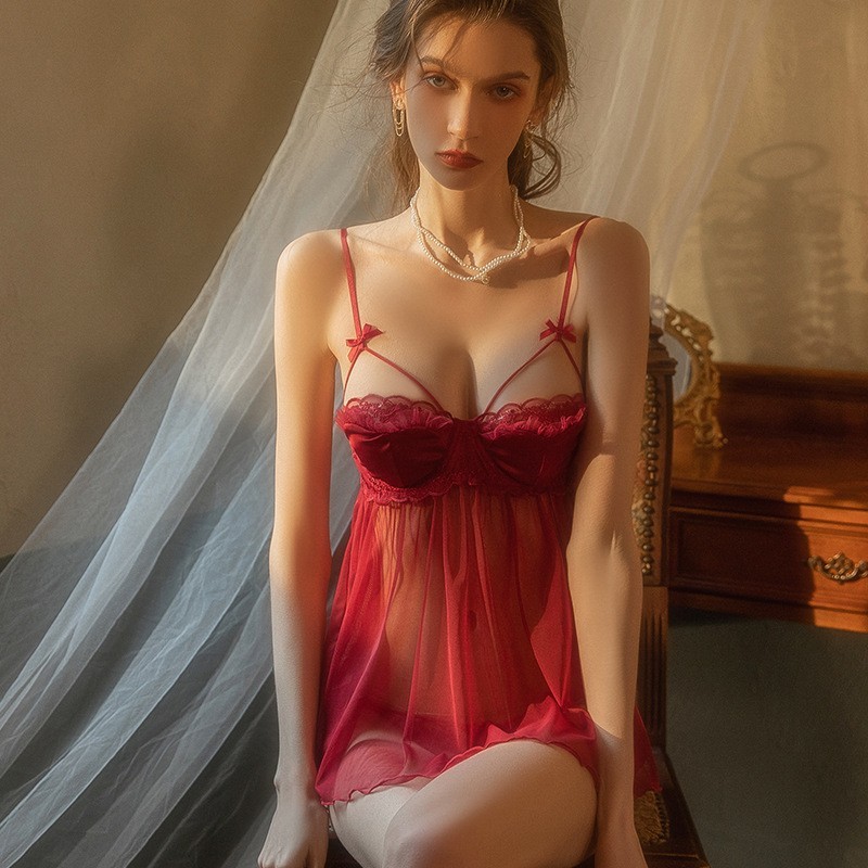 Hot Lace Open Bust Hollow Out Nightdress Sleepwear Sexy Cami Lingerie Sheer Mesh
