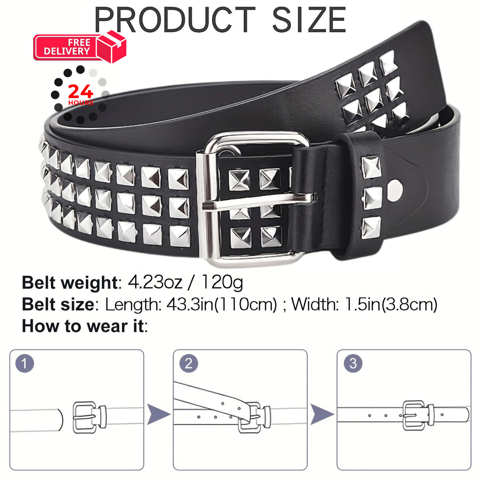 Ulekuke Metal Punk Rock Rivet Studded Belt for Women Men, One Size, Black