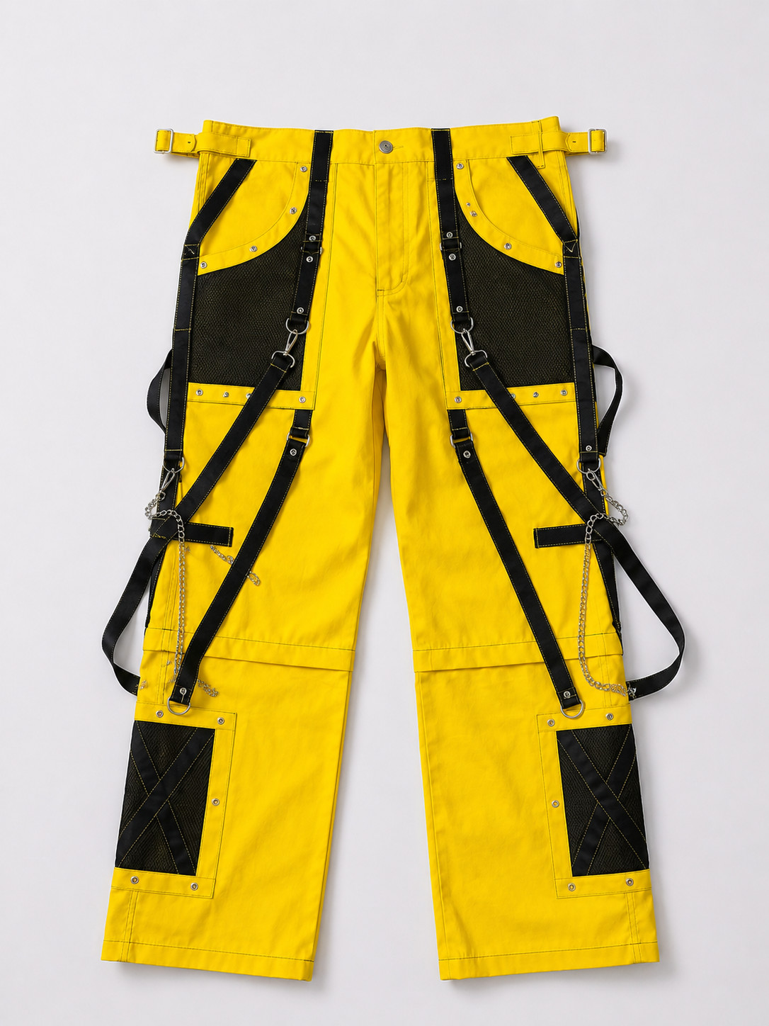 Yellow Techwear Cargo Pants Black Straps Utility Tactical Streetwear Trouser