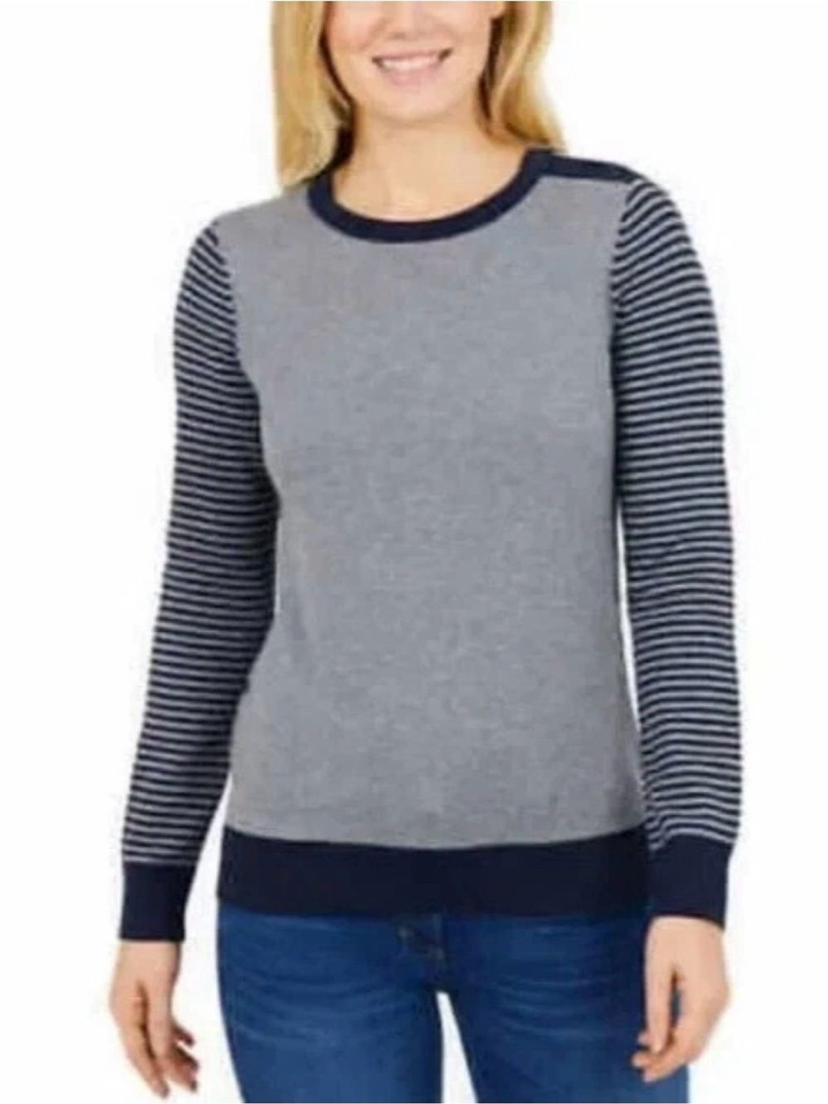 Nautica 100% Cotton Blue and Gray Striped Sleeve Crewneck Pullover Sweater – XXL