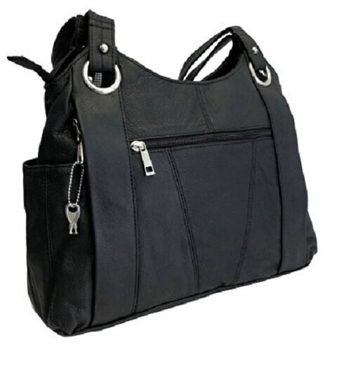 Black Leather Locking Concealment Purse – CCW Concealed Carry Gun Bag