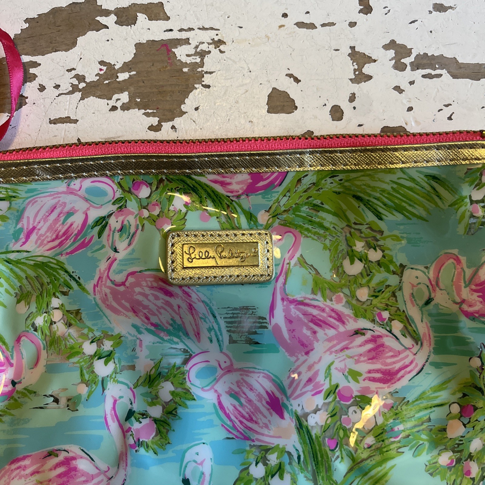 Lilly Pulitzer Pink Flamingo Vinyl Pouch bag zip Pencil Case makeup 8.75”x6”