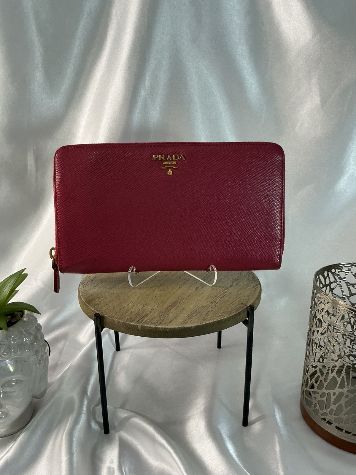 Authentic EUC Prada Large Raspberry Saffiano Leather Wallet w COA