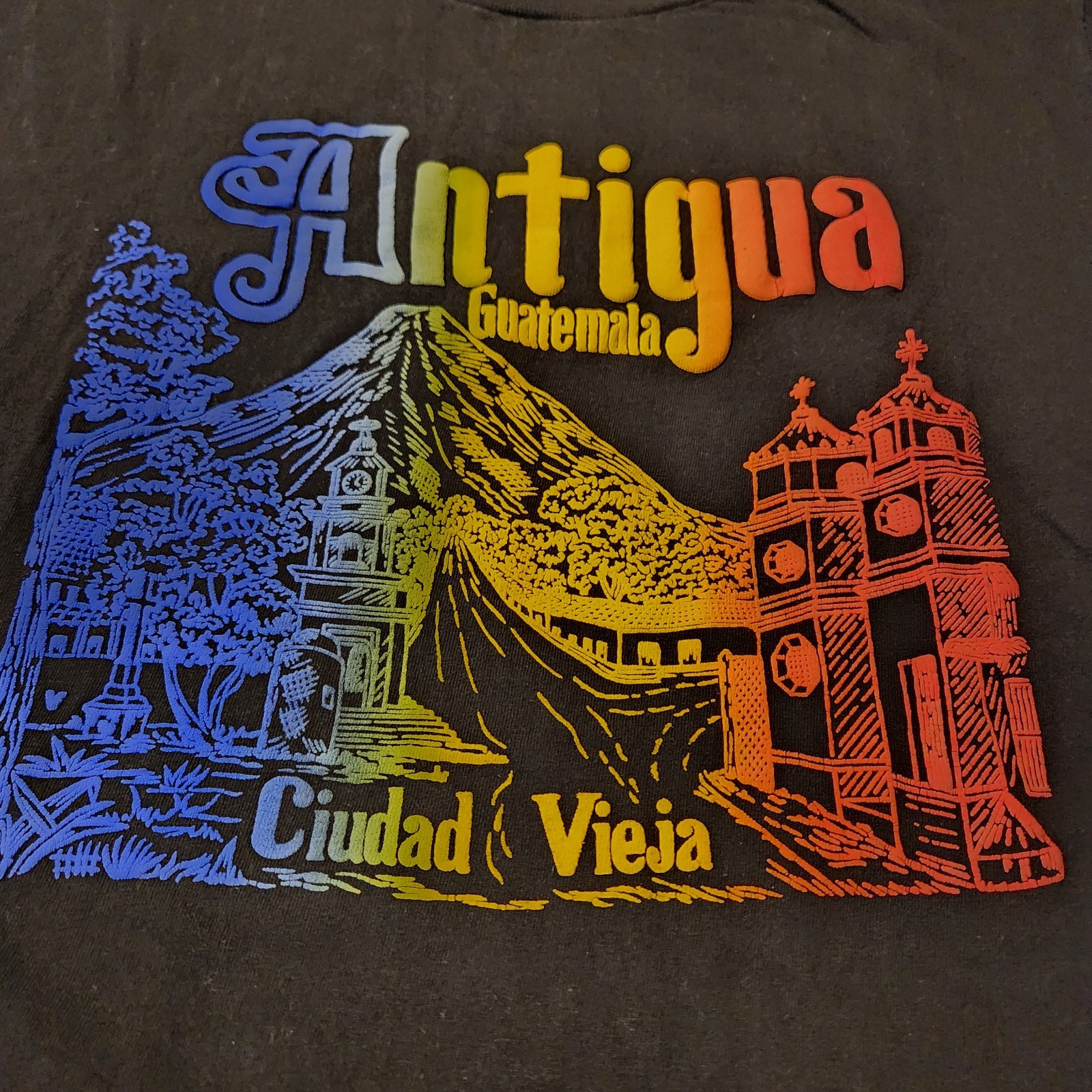 Vtg Single Stitch Antigua Guatemala Colorful Puff Print Graphic Black Tee Size L