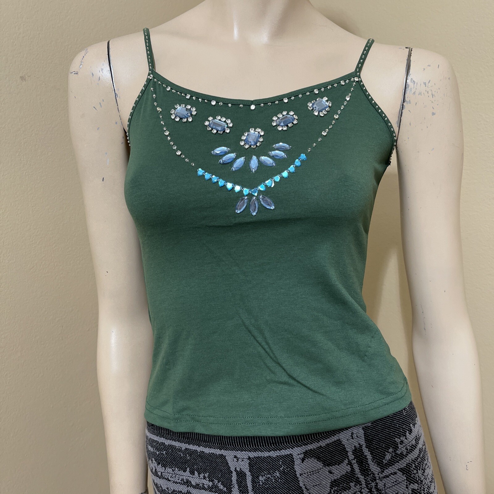 Women’s Green Polyurethane Casual Summer Stretch Slim Beaded Size S Blouse Top