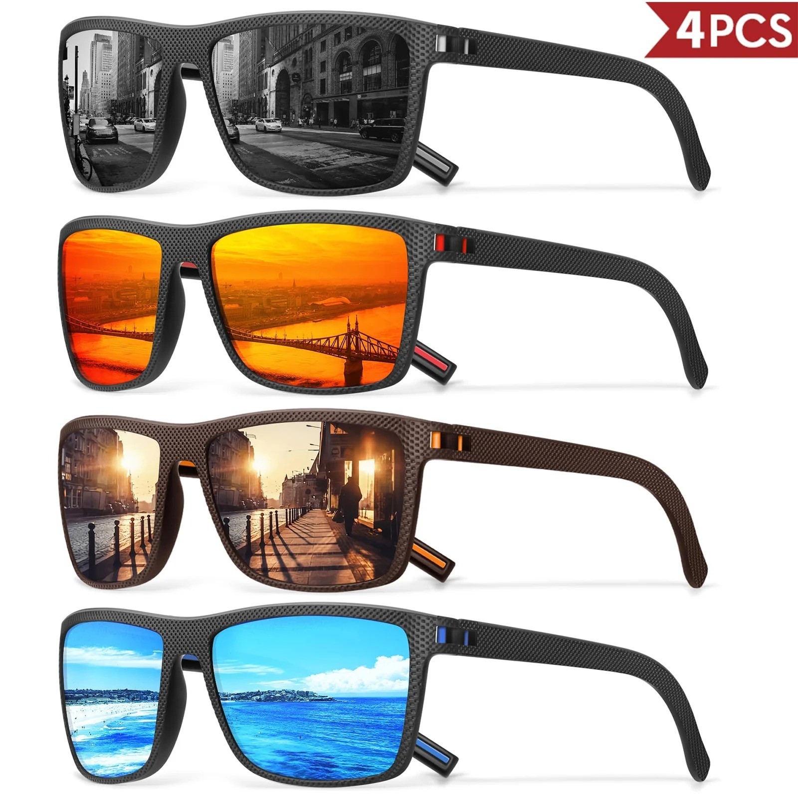 3/4 Pack New Designer Box Polarized Colorful Sunglasses for Men and Women