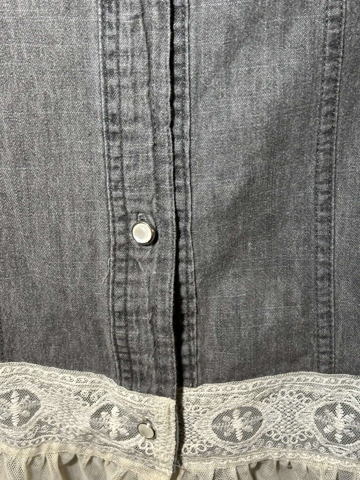 Gray Denim Lace Jacket With Scalloped Lace On Bottom Of Sleeves. Size M