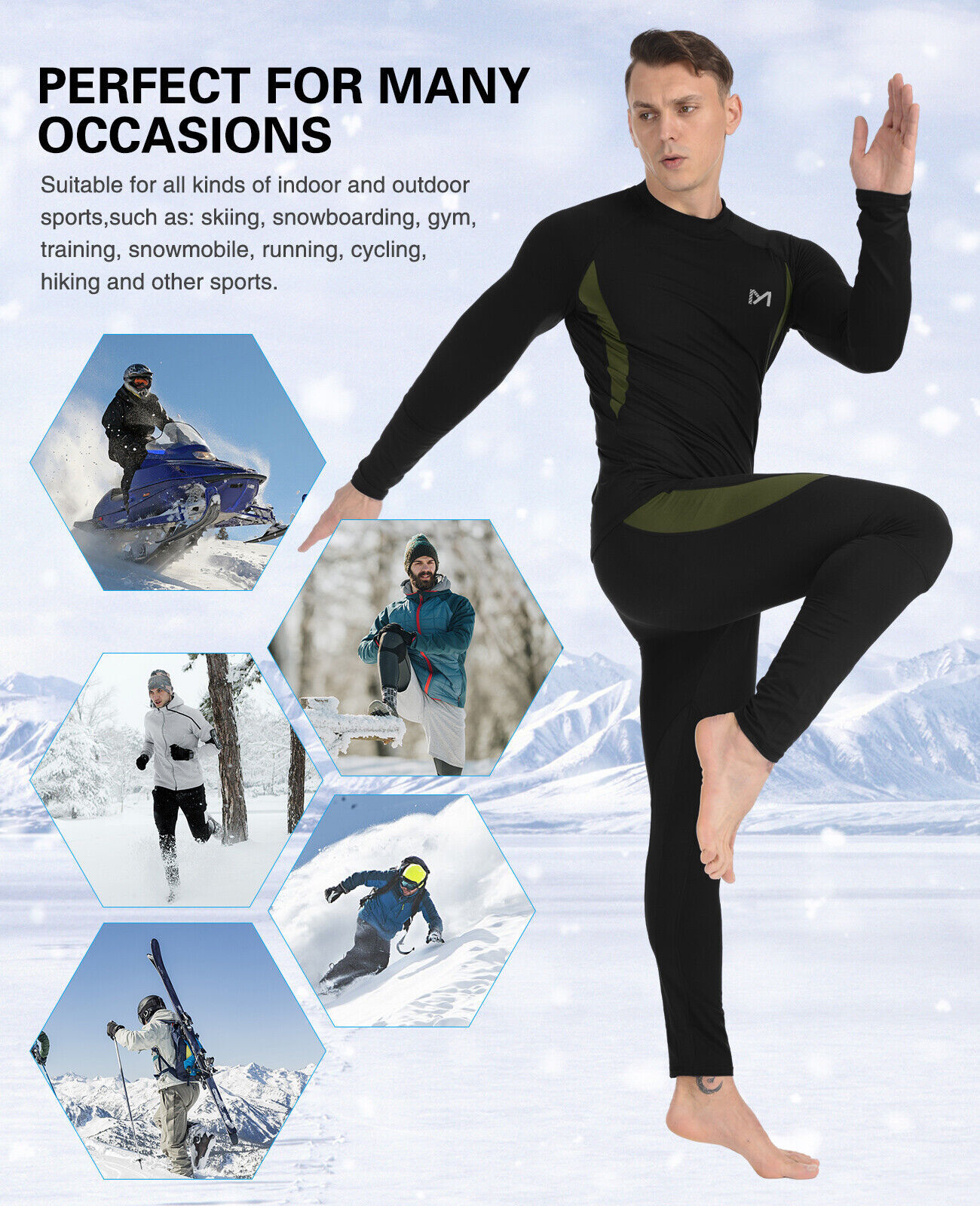 Mens Sport Thermal Underwear Set Long Sleeve Thermals T Shirt + Long Johns