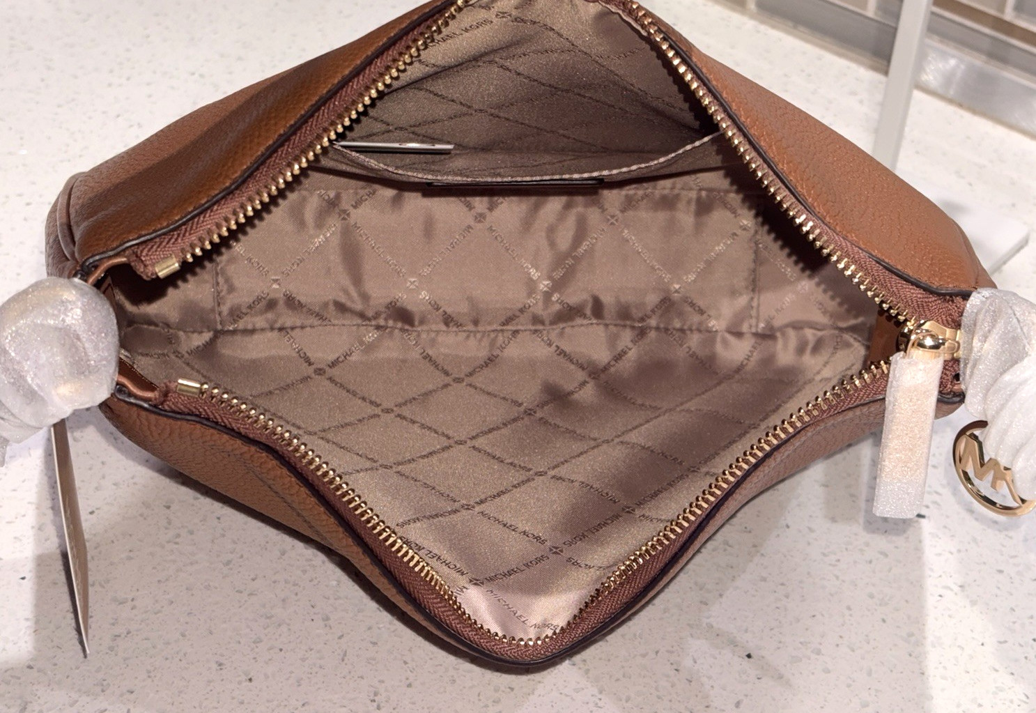 MICHAEL KORS NAYLA MEDIUM ZIP MESSENGER CROSSBODY BAG TOTE PURSE MK BROWN GOLD