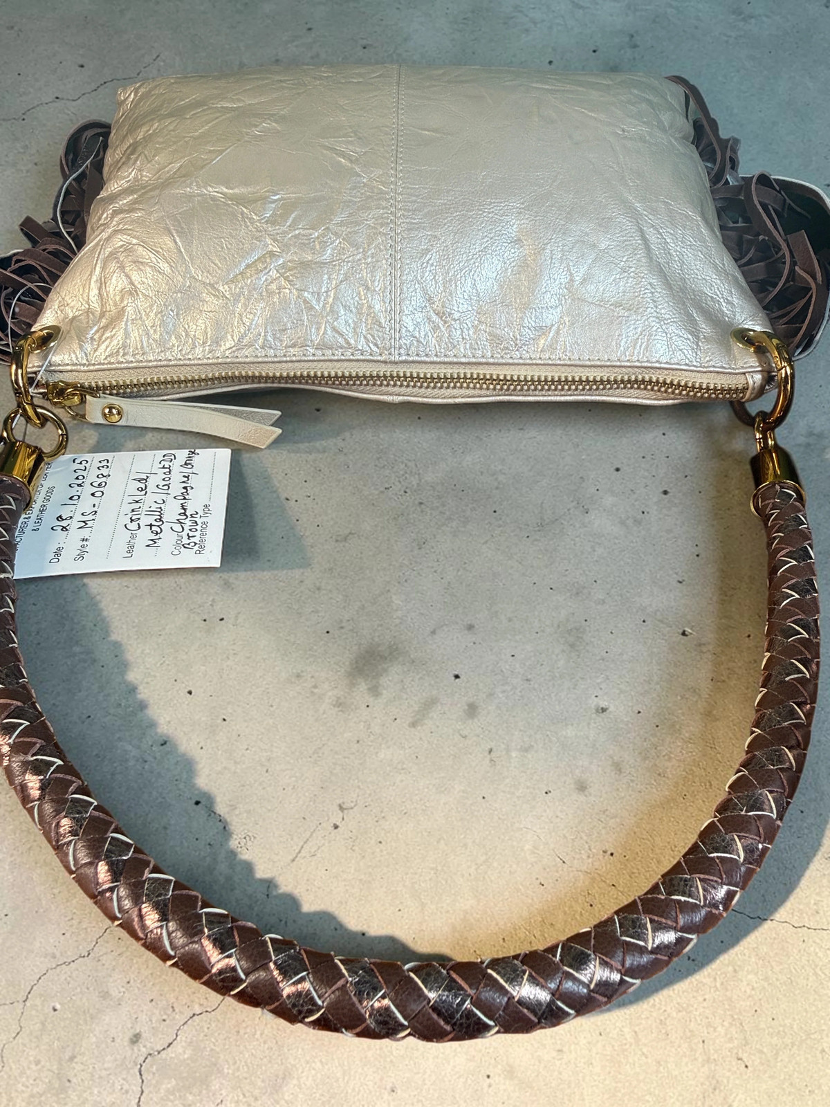 Sharif Rare SAMPLE Metallic Champagne Goatskin Fringe Leather Shoulder Bag