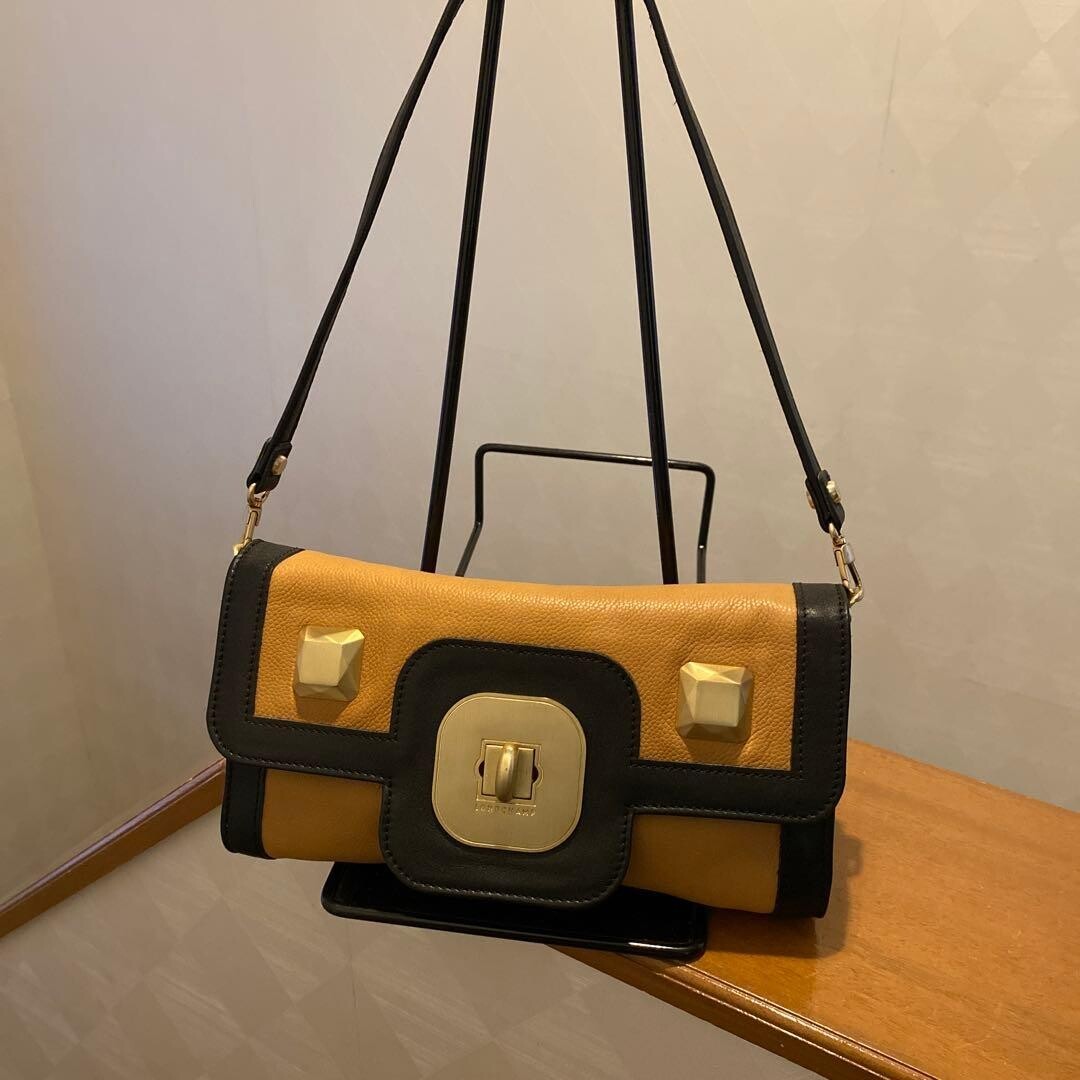 Longchamp Black Tan Metal Studs Turn Lock Crossbody Shoulder Bag 9.84in 25cm