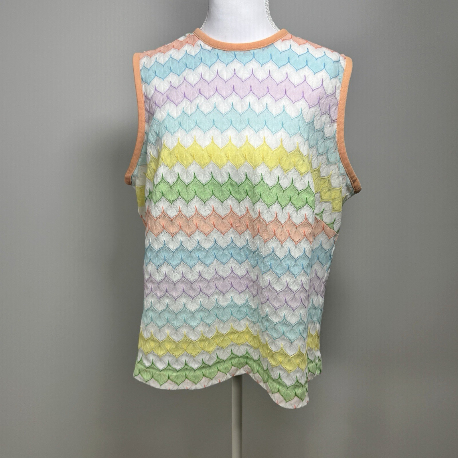 Vintage Pastel Chevron Open Knit Sleeveless Top Womens L Mod 70s Retro Mermaid