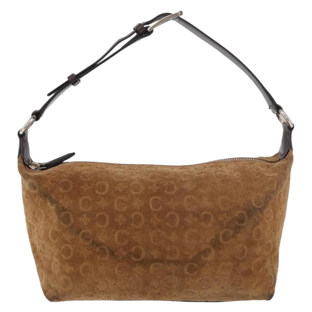 CELINE C Macadam Canvas Hand Bag Suede Brown Silver Auth 176369