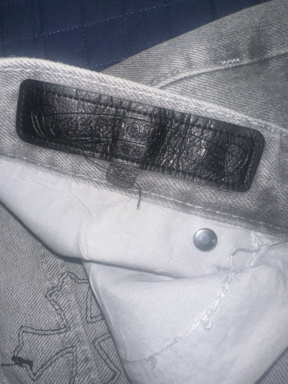 Chrome Hearts Men’s Gray Denim Straight Jeans Black Cross Patches Button Fly