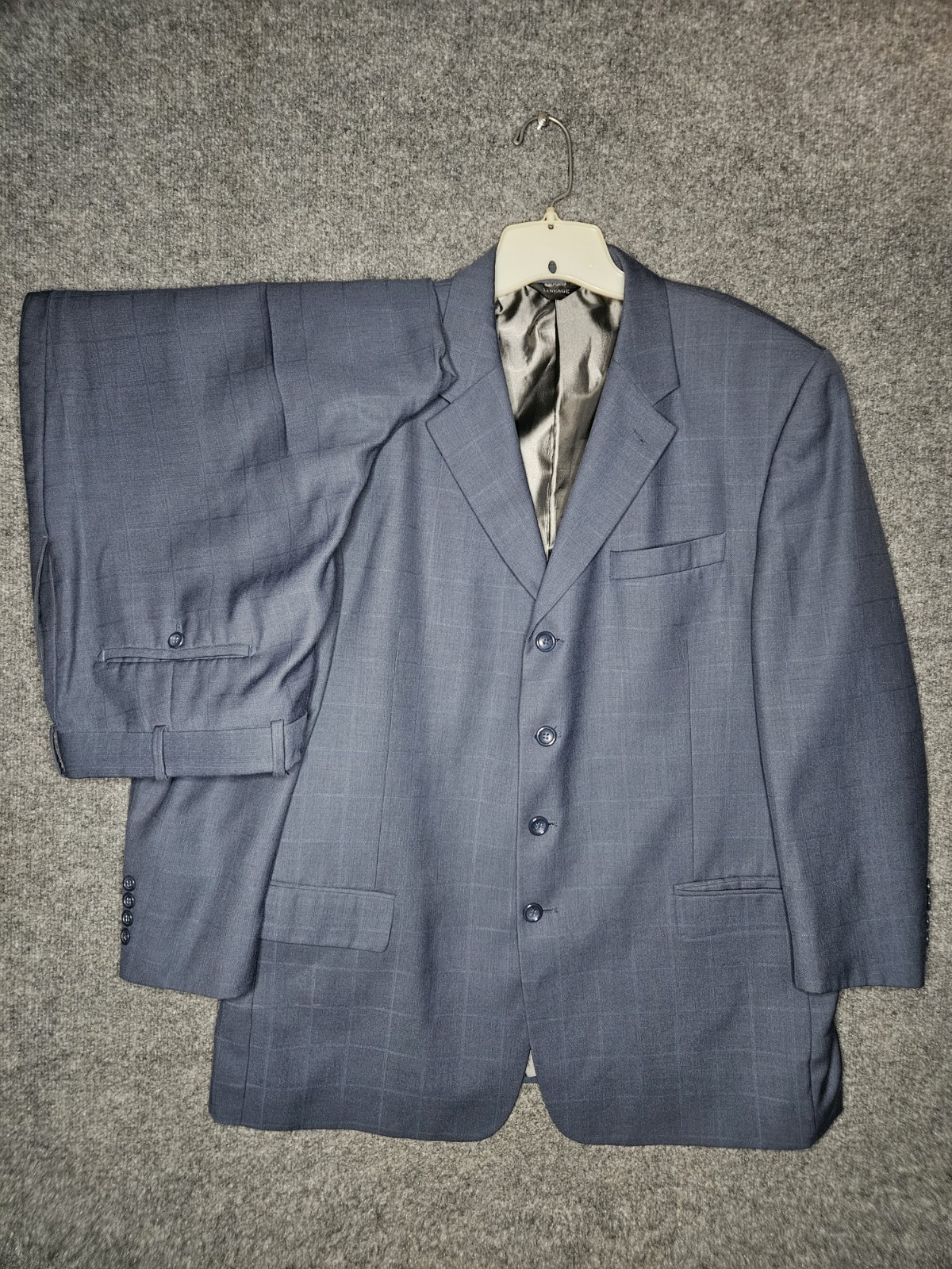 Lineage Men’s 2Pc Suit 46R Jacket 40W Pants Blue Windowpane Plaid Superior 150s