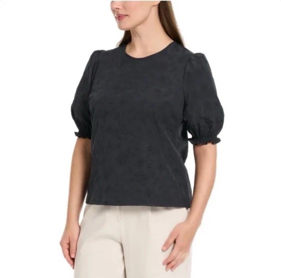 Ted Baker Women’s Floral Textured Puff Sleeve Blouse Top, Size S, Color Black.