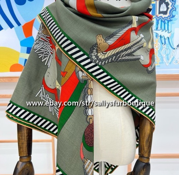 2025 Sallys 70% Cashmere 30% Silk Wrap Scarf Horses Print Double Face Shawl 53″