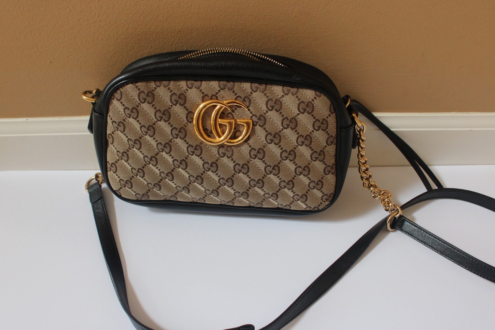 Gucci GG Diagonal Quilted Marmont Camera Bag in Beige & Ebony
