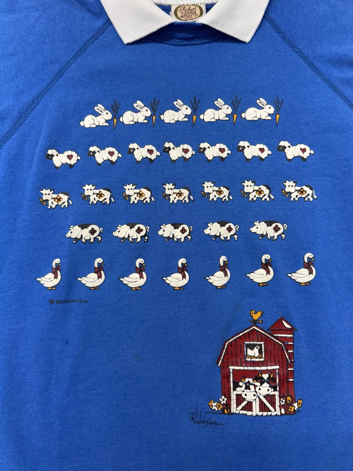 Vintage 80s Farm Animals Collared Sweatshirt Size Large Blue USA Picket And Post