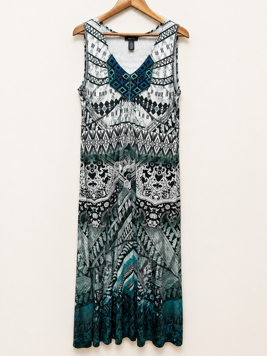 Style & Co Maxi Dress Womens L Black Teal Geometric Boho Sleeveless Stretch