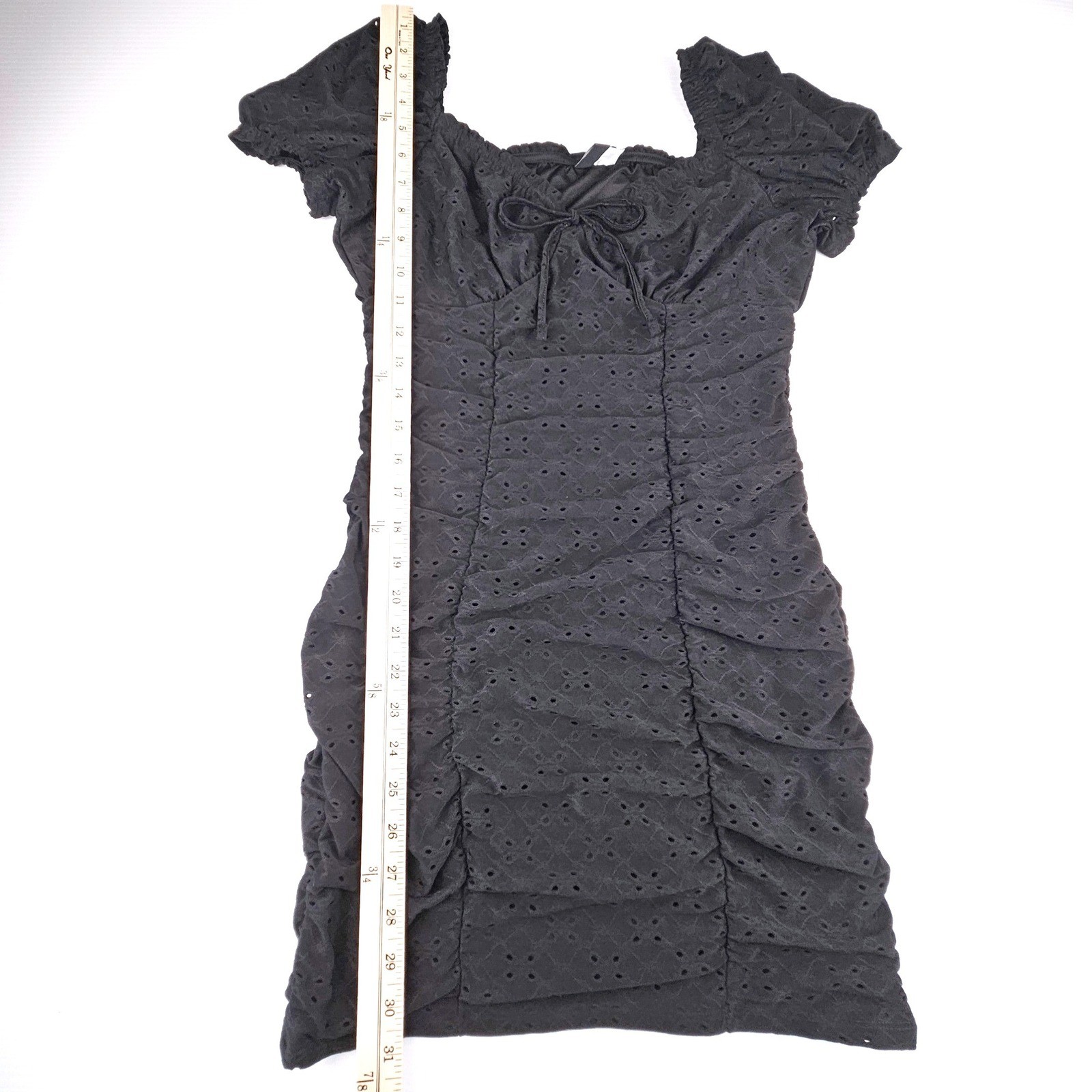H&M Divided Black Eyelet Ruched Mini Dress Short Puff Sleeve Witchy Whimsigoth M