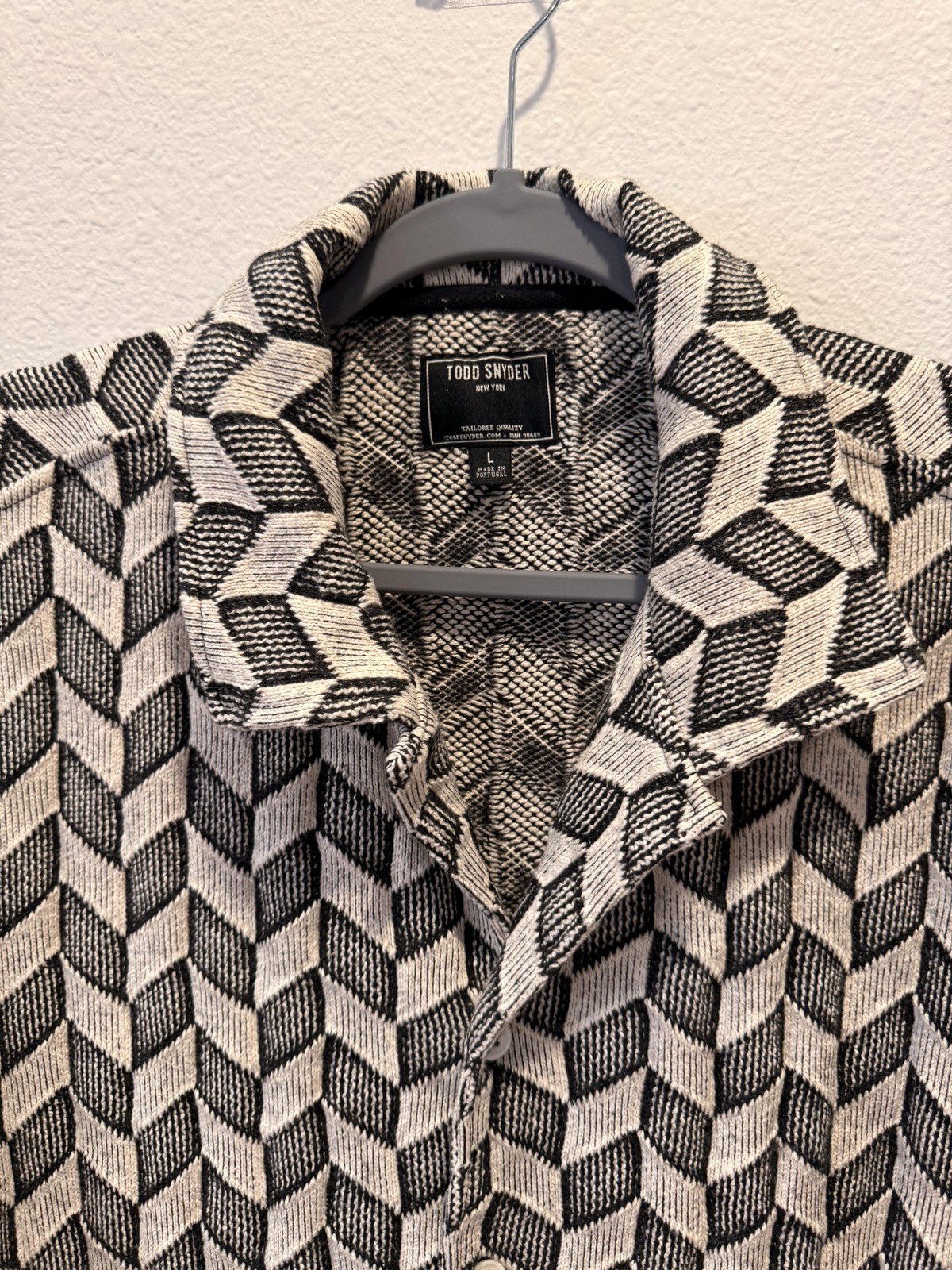 Todd Snyder Shirt Mens Large Black Geometric Knit Button Up Short Sleeve Pockets