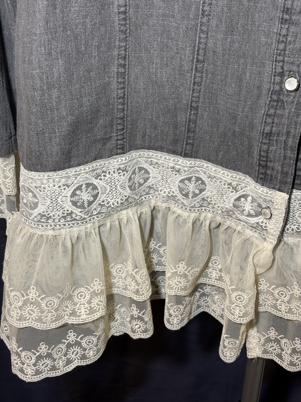Gray Denim Lace Jacket With Scalloped Lace On Bottom Of Sleeves. Size M
