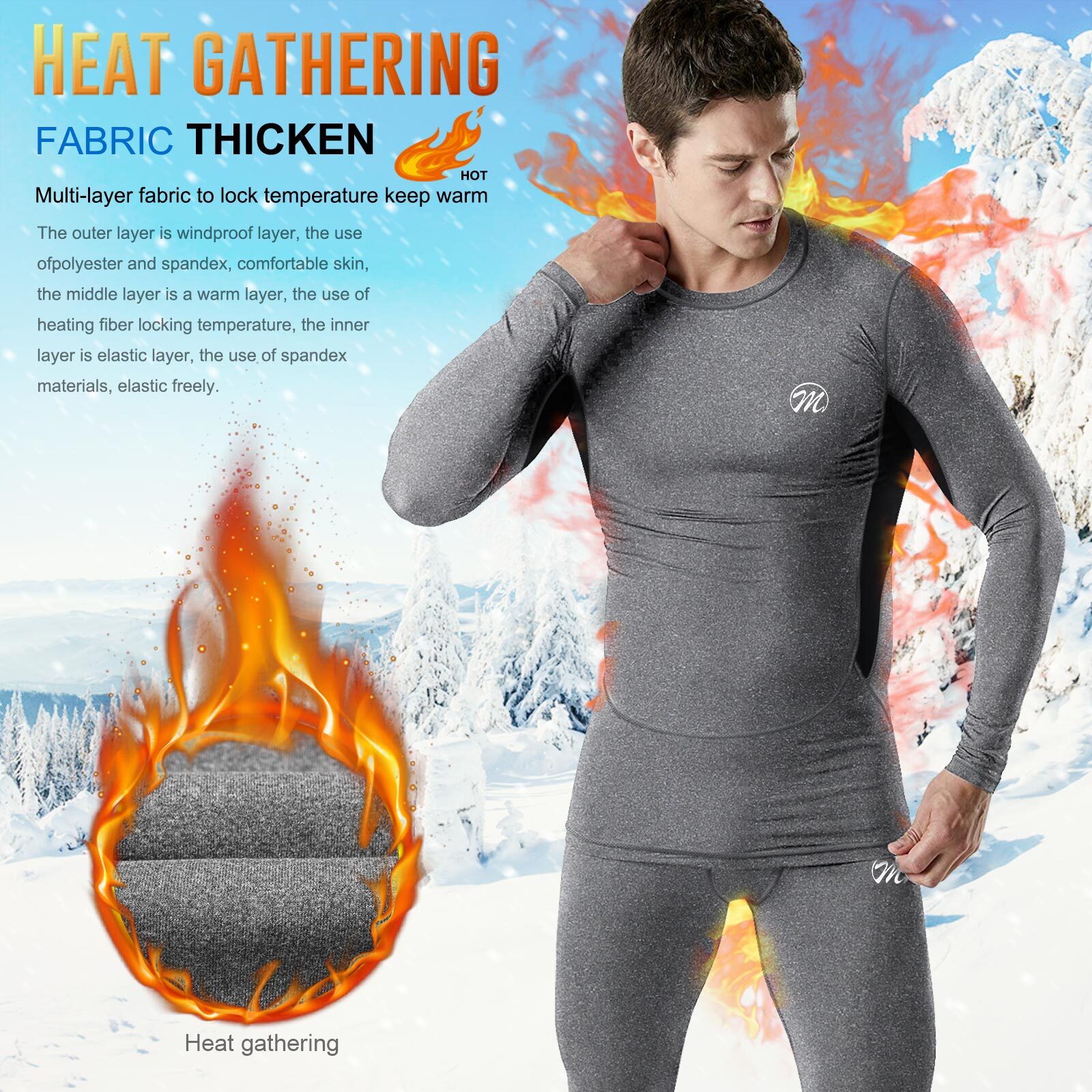 Mens Thermal Underwear Long Johns Set Fleece Lined Winter Warm Fleece Base Layer