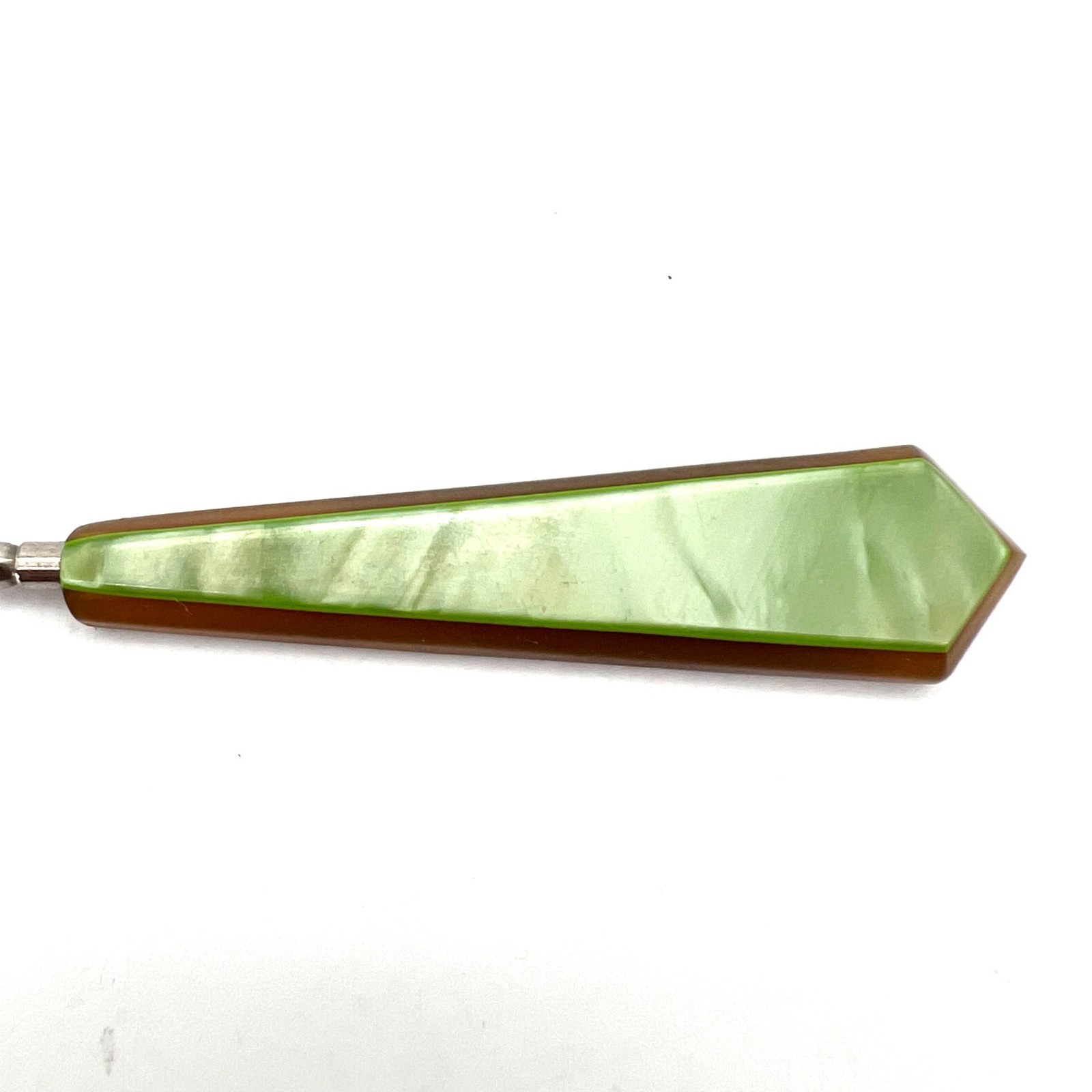 Vintage Victorian Era Bakelite Button Hook Tool Metal Shaft Pearl Green & Brown