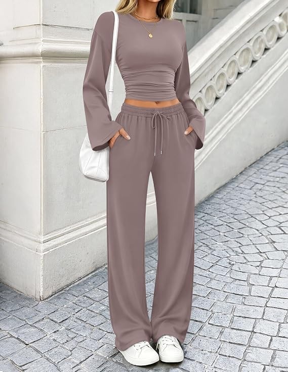 ZESICA Womens 2 Pc Lounge Set Ruched Bell Sleeve Top Wide Leg Pants Rose Taupe M