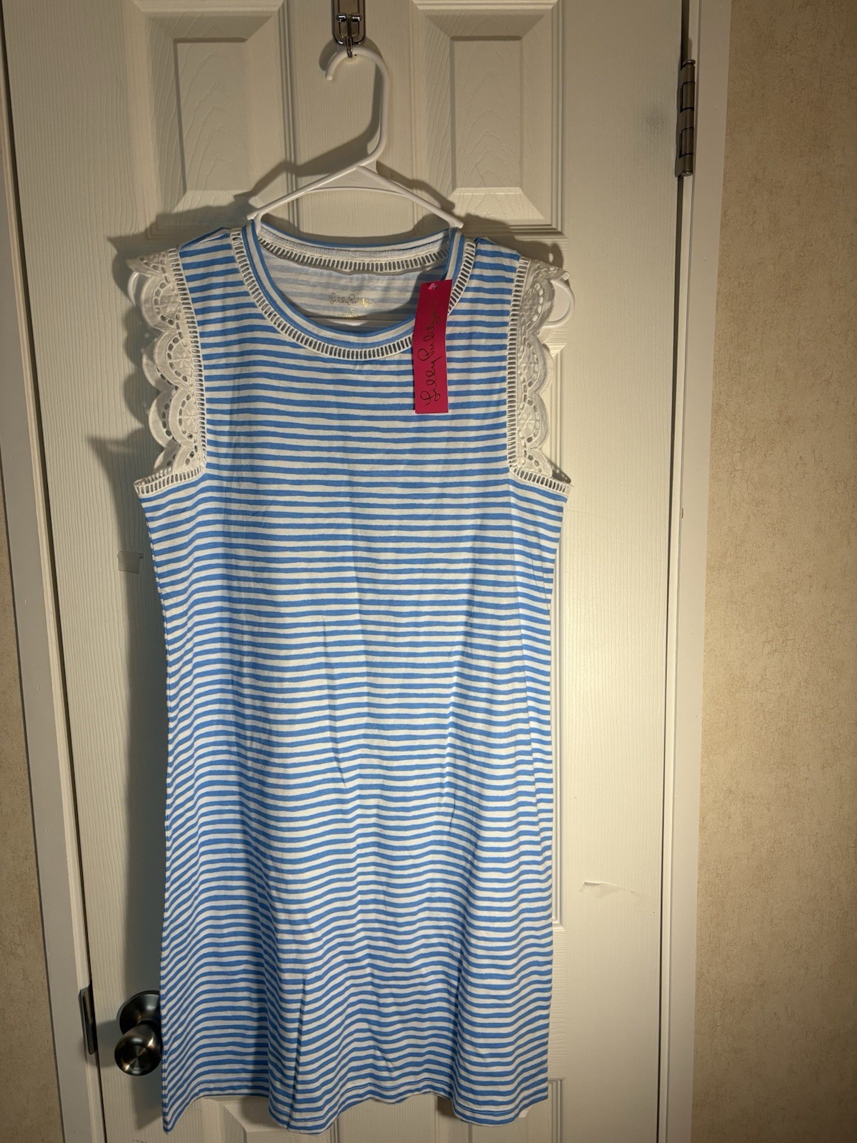 Lilly Pulitzer Women S Agee Zanzibar Dress Blue White Stripes Eyelet Sleeves