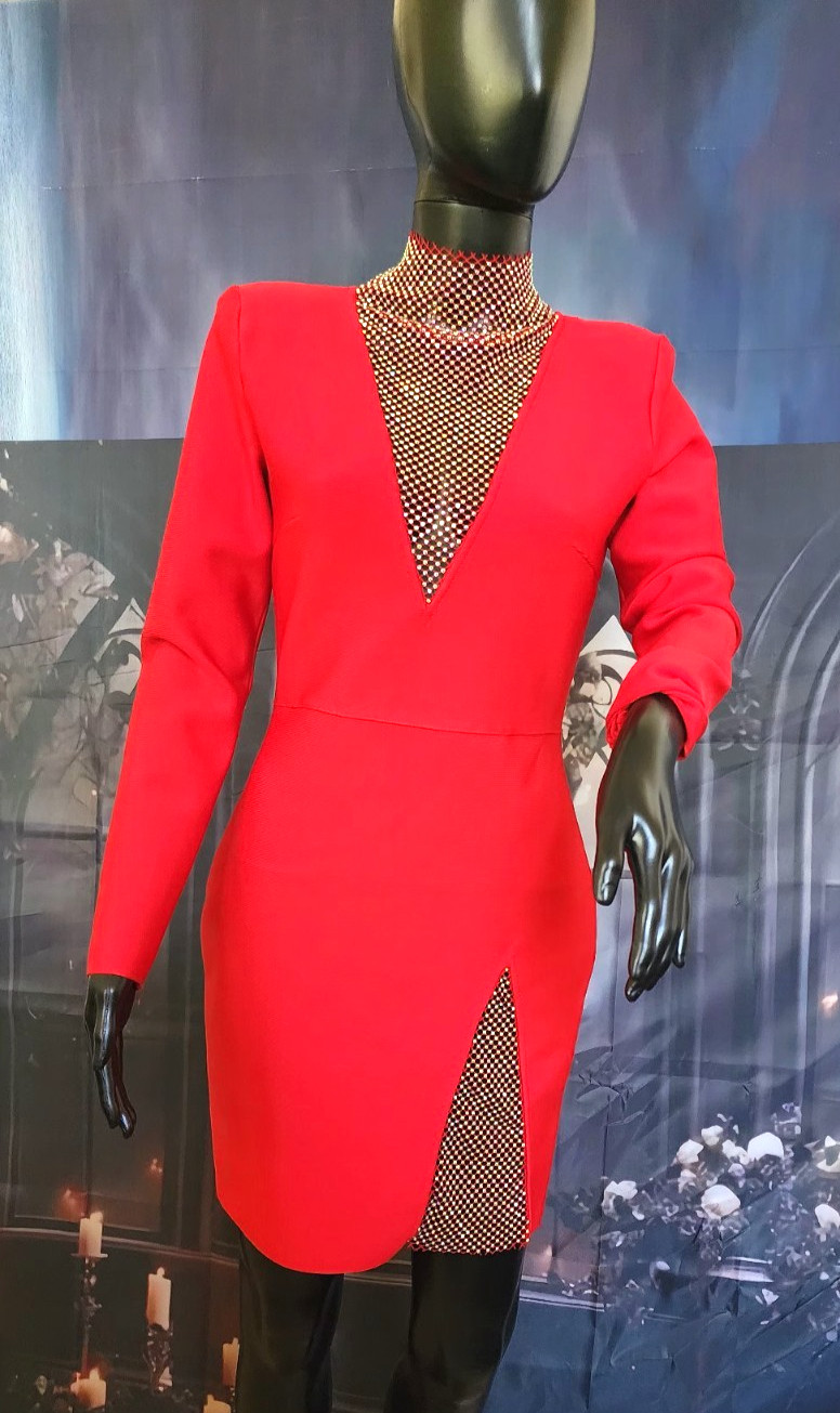 ❤️ Red Rhinestone Mesh Bodycon Cocktail Dress | Long Sleeve Deep V-Neck