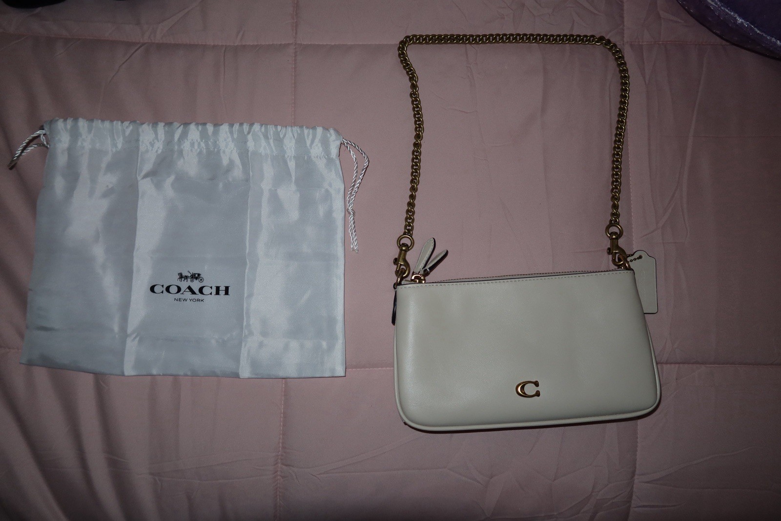 Coach Beige Small Shoulder Bag Double Zip with Gold Chain Strap & Dust Bag