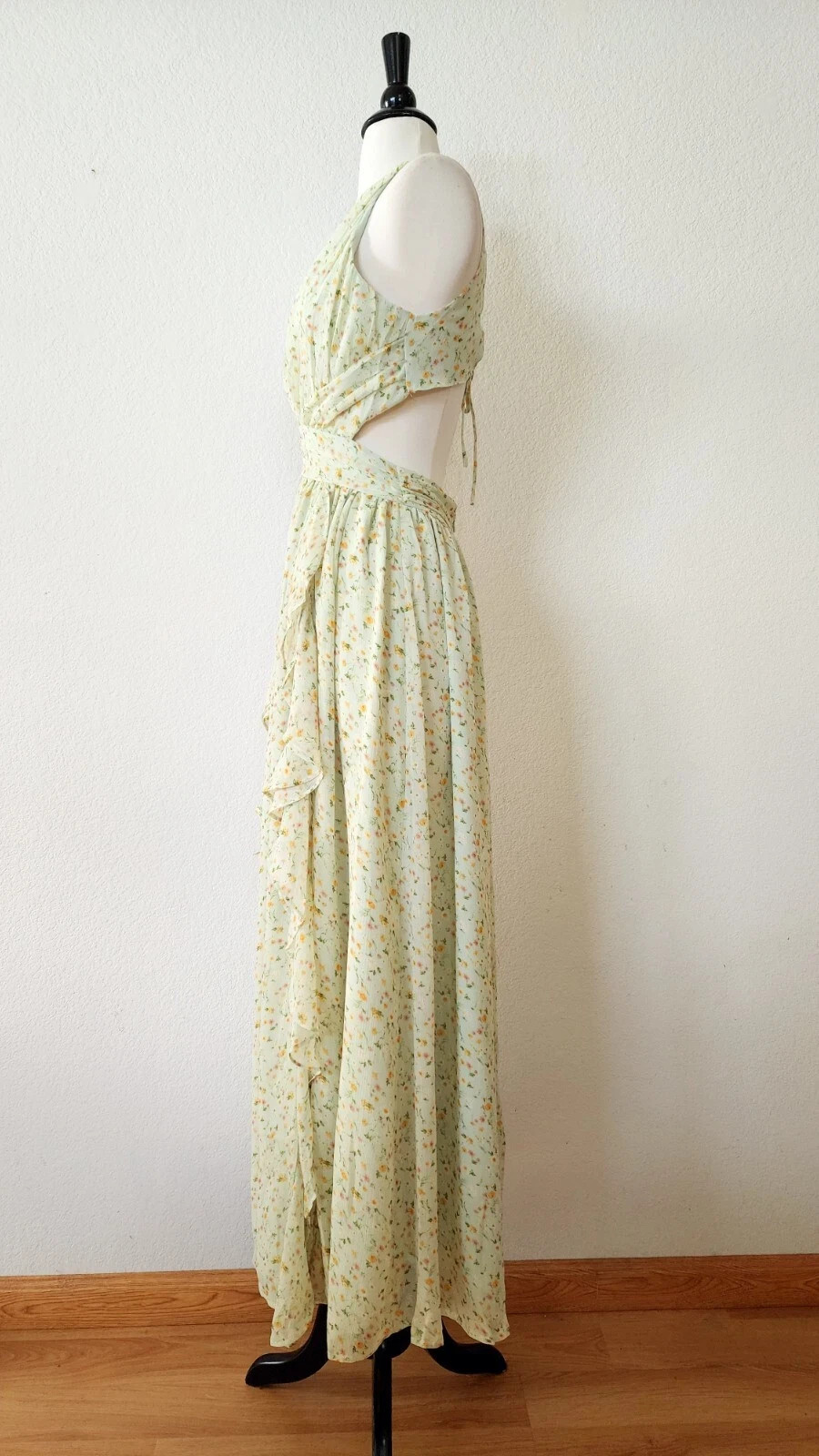 New Anthro Maxi Dress Size Small XS Floral Green Coquette Lace Up Prom Formal