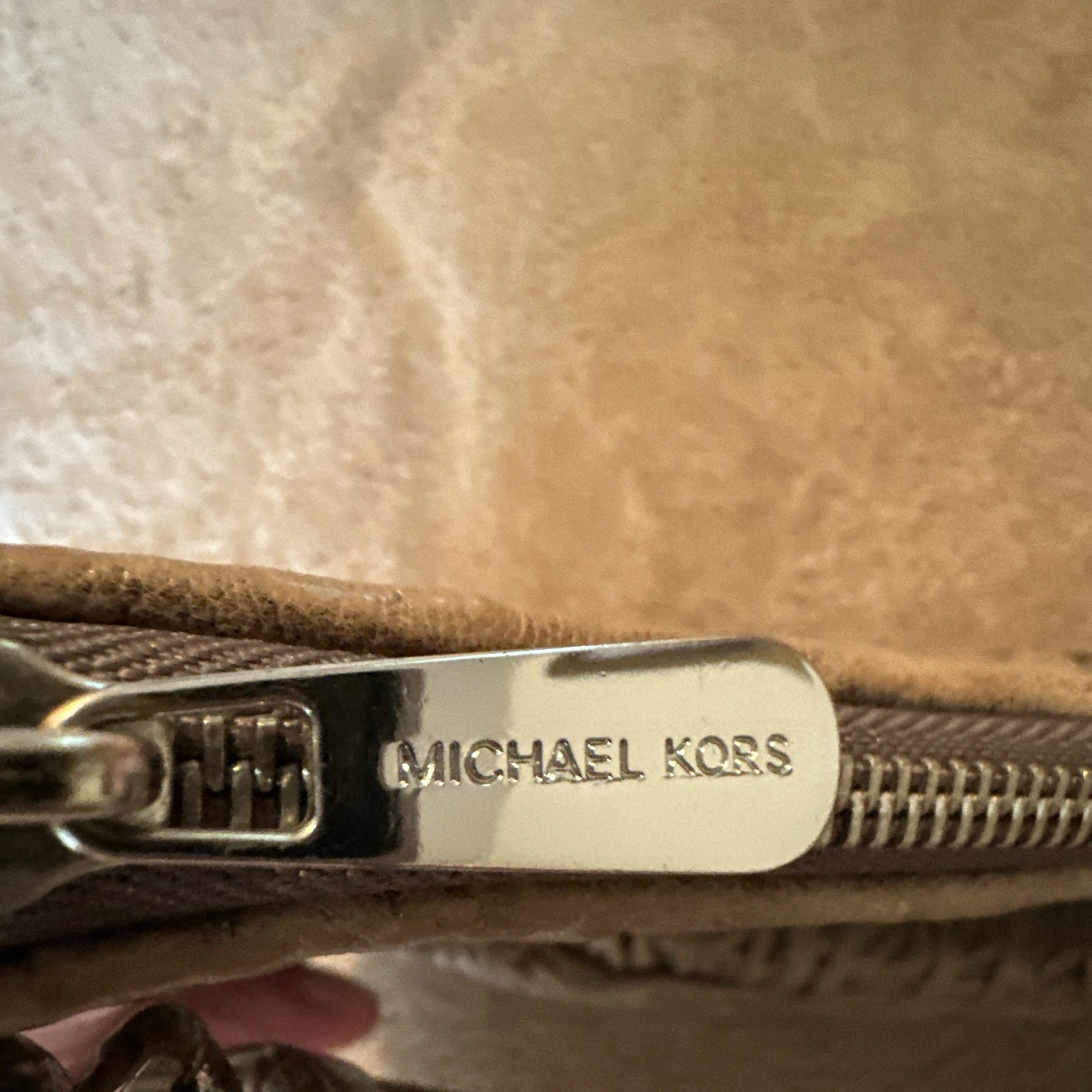Michael Kors Beige Ruched Zip Shoulder Bag Crescent Tassel Chain Charm.