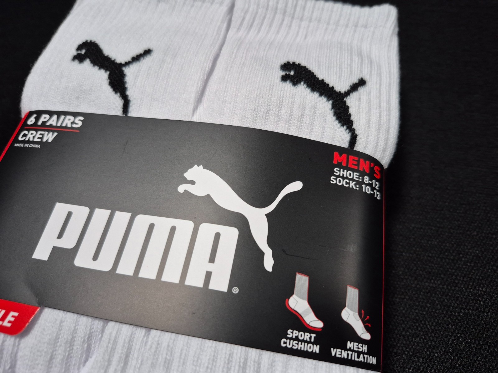 Puma Mens 6 Pairs Training crew Sports Socks SZ 8-12 Sports Style Cushioned