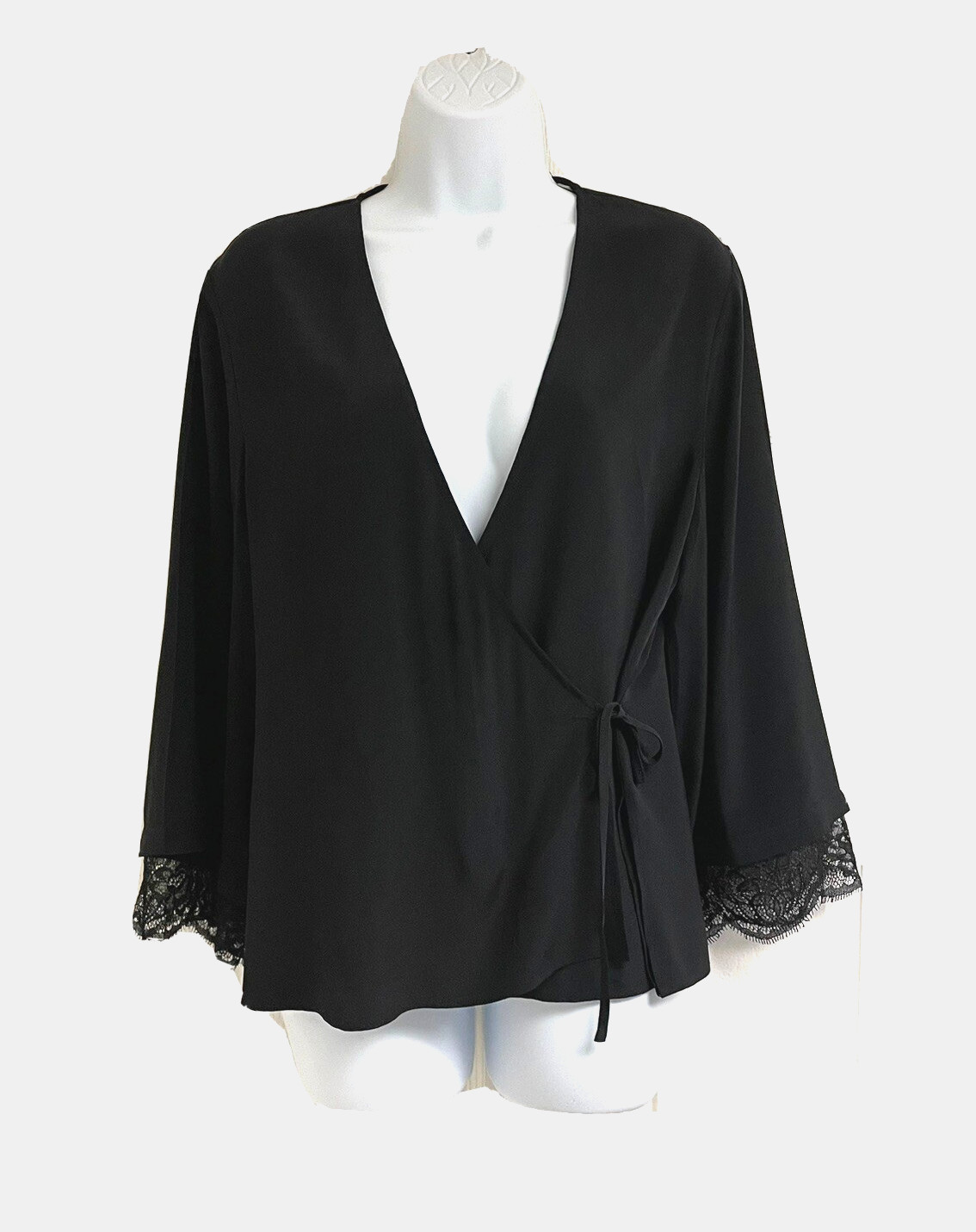 A.L.C. Black V-Neck Wrap Front Sheer Silk Blouse w/ Lace Cuff Detail _ Size 4
