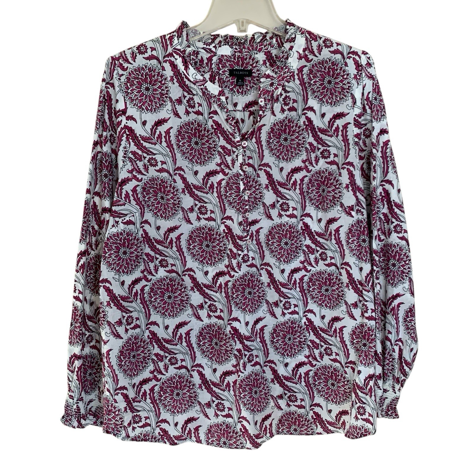 Talbots SzXL Chrysanthemum Trellis ruffle trim popover Purple/White Floral Shirt