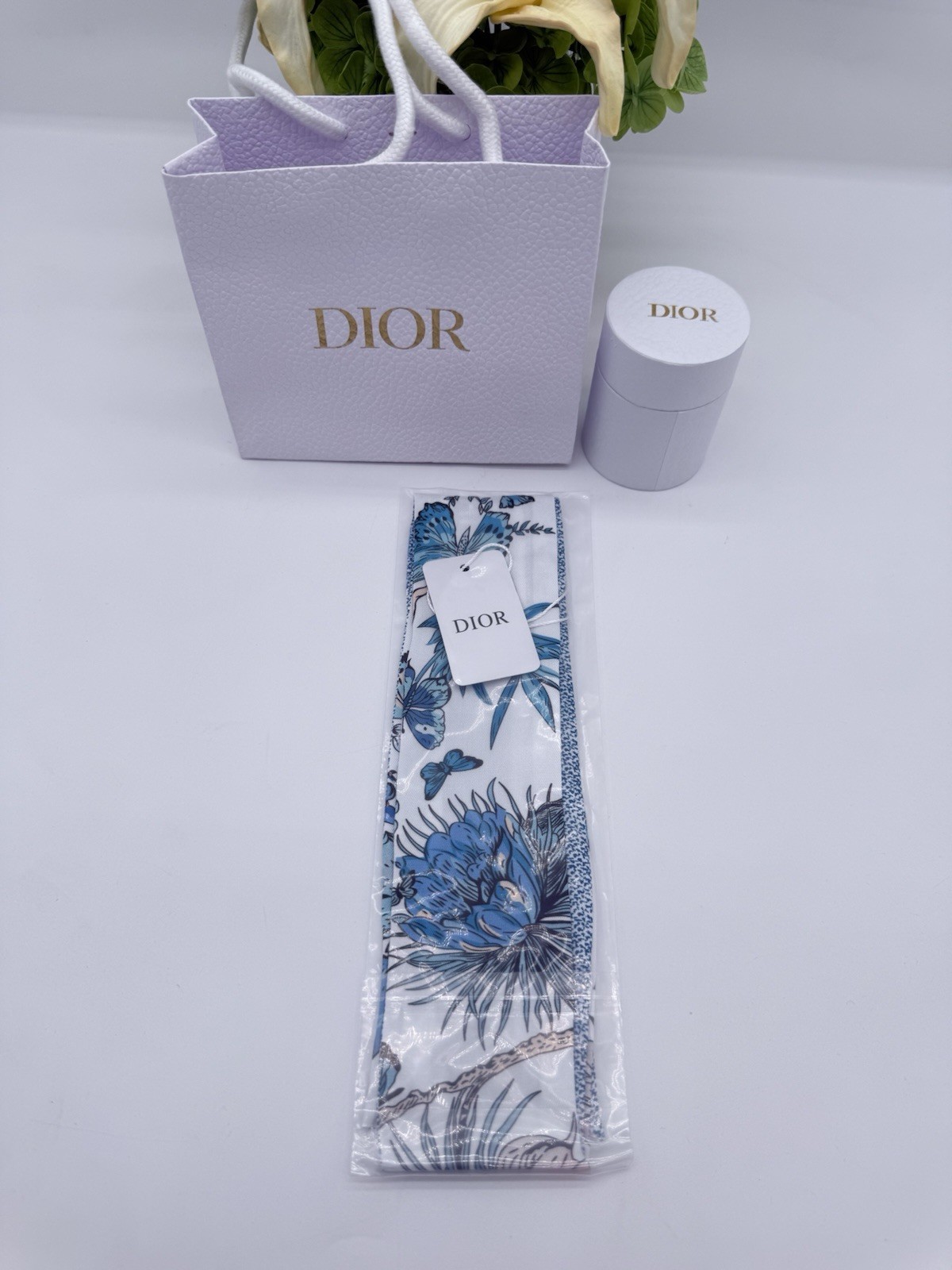 Christian Dior GWP Silk Ribbon Scarf Blue Floral Butterfly Print 41.3″ Gift Box