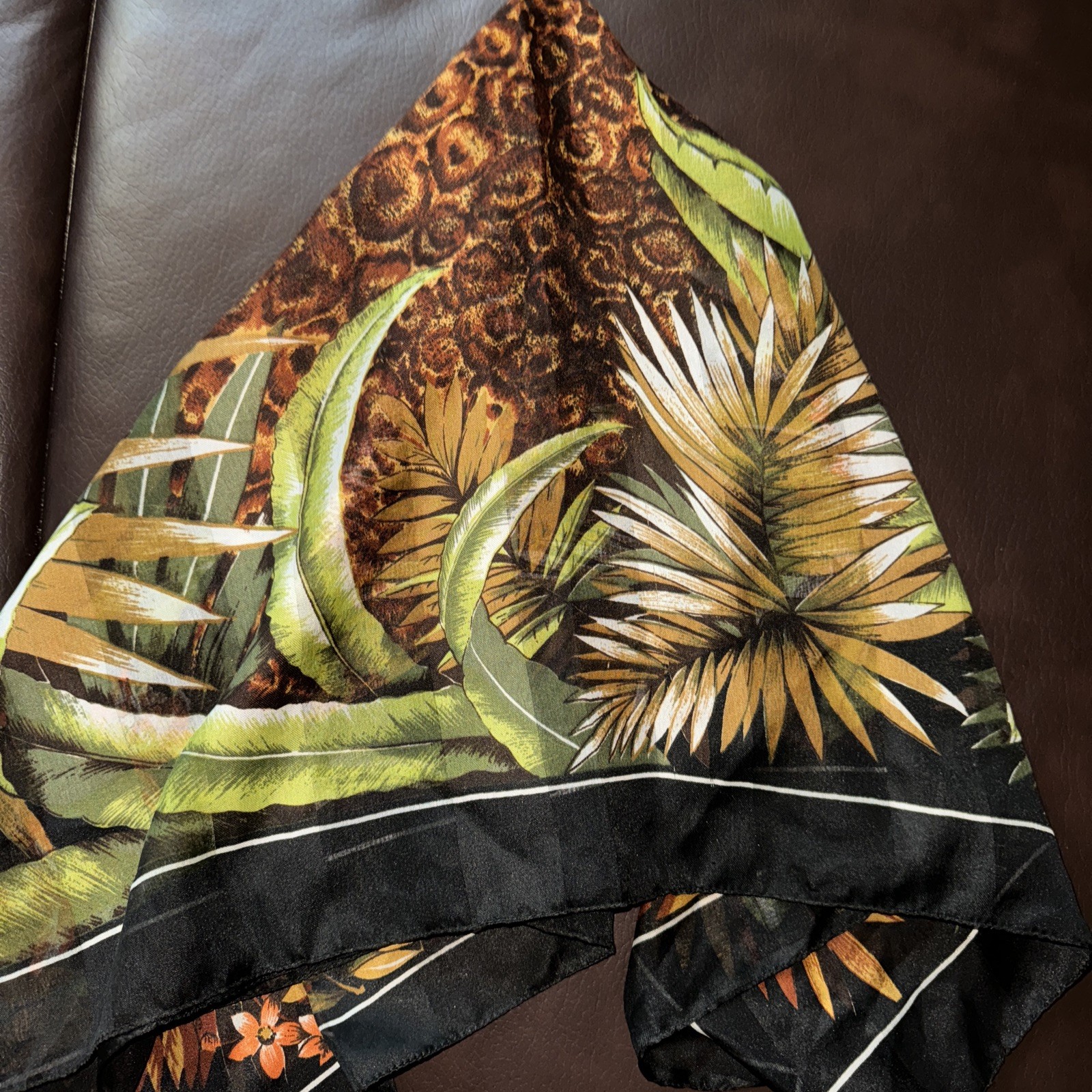 Fabulous Jungle Print Leopard Scarf 30.5” Square Ghost Stripe Hand Rolled Hem