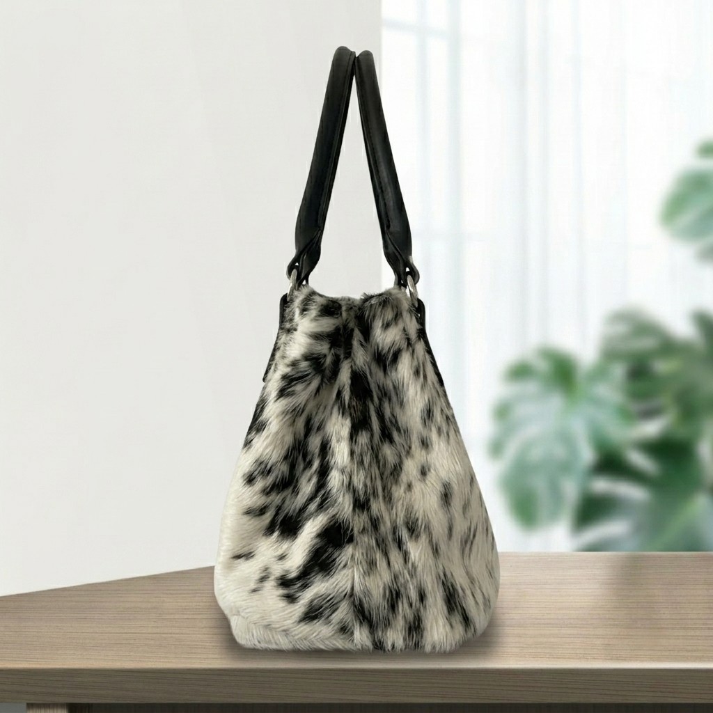 Genuine Cowhide Leather Tote Bag Handmade Brown & White Hair-On Purse new style