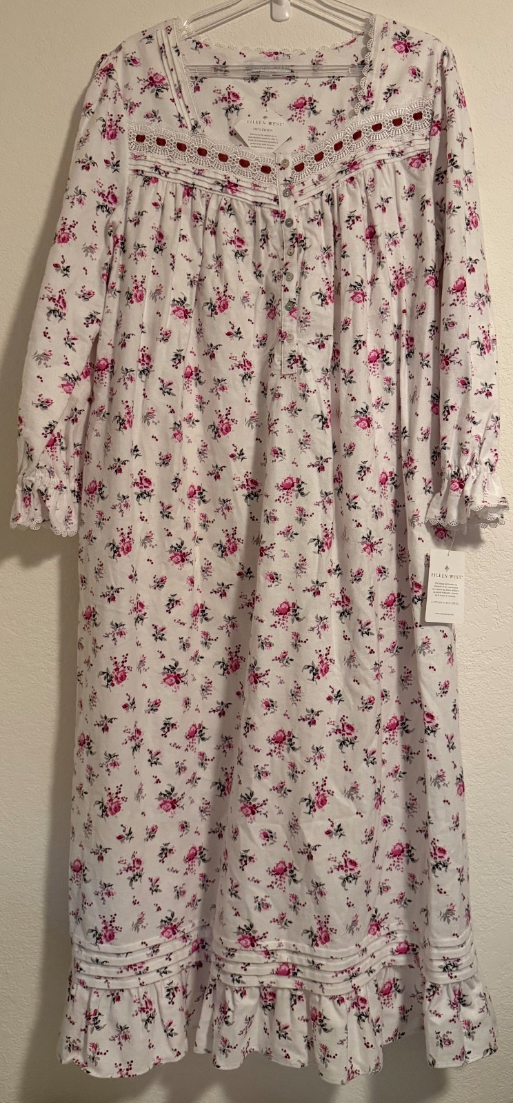 NWT Eileen West Cotton Flannel Long Sleeve Ballet Nightgown Floral Size Large