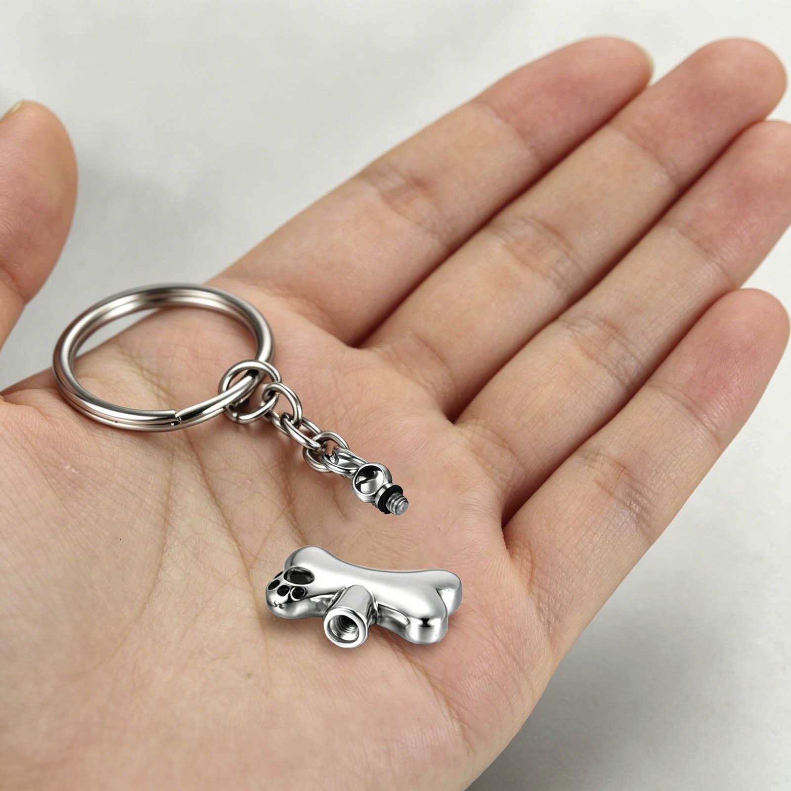 Dog Bone Shaped Pet Urn Keychain Stainless Steel Paw Print Ashes Holder for Pets