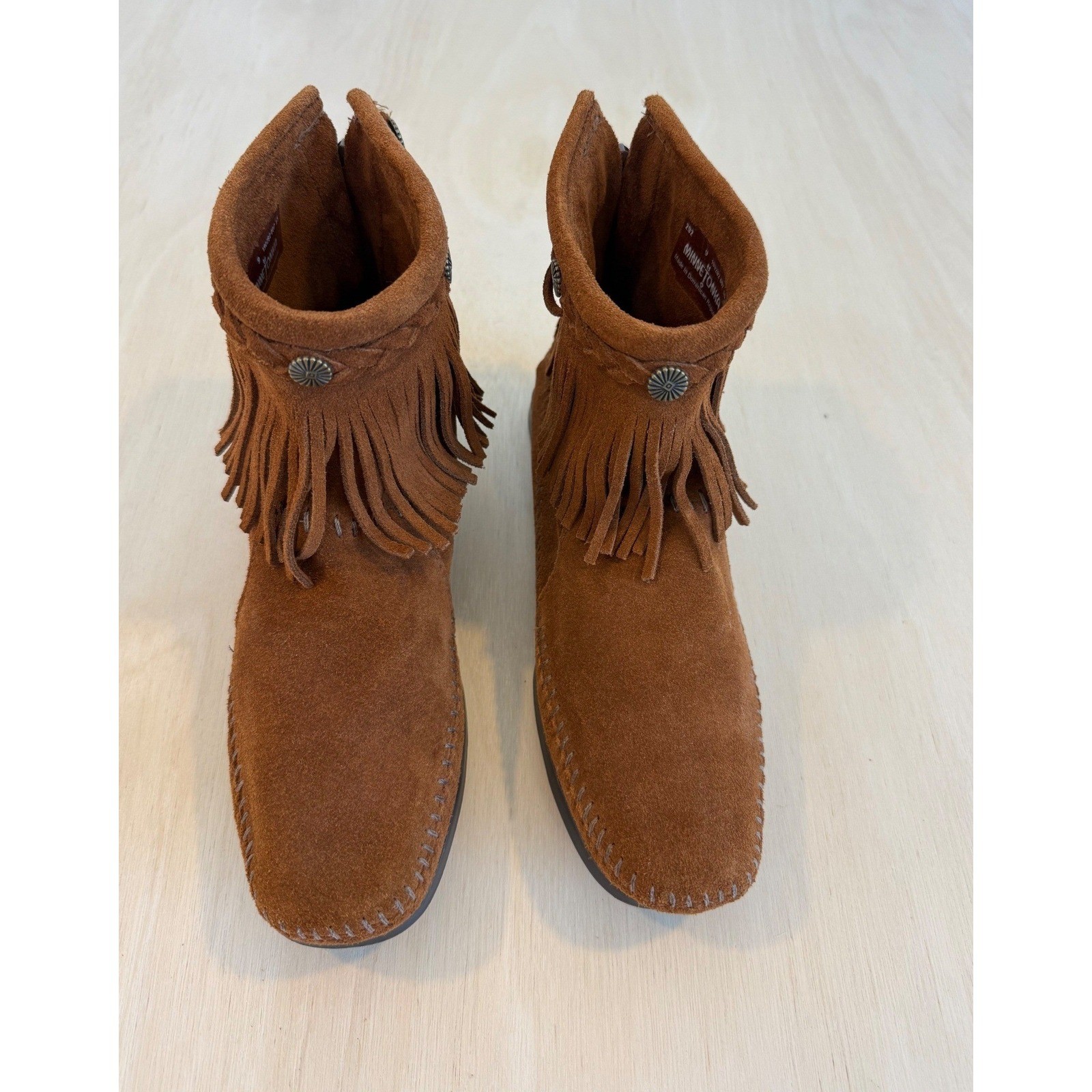 Minnetonka Fringe Suede Ankle Boots Brown Western Boho Festival Coastal Cowgirl9
